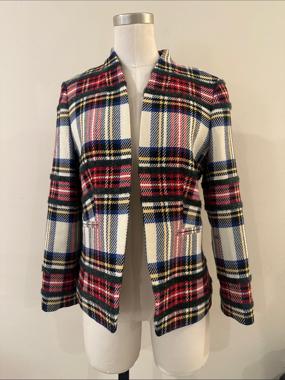J. Crew Cream Plaid Open-Front Blazer with Red & Blue Accents